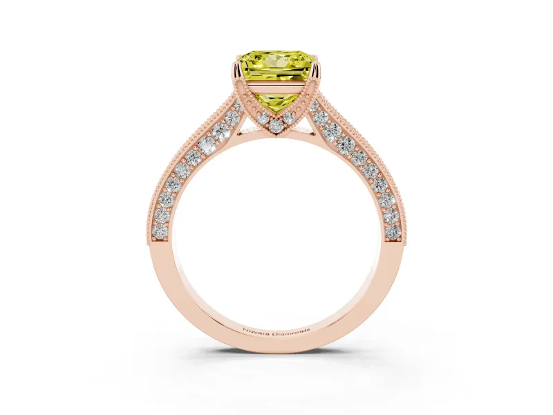 Princess Cut Hidden Halo Engagement Ring Setting for a Fancy Yellow Lab-Grown Diamond | Milgrain Pave | Rose Gold
