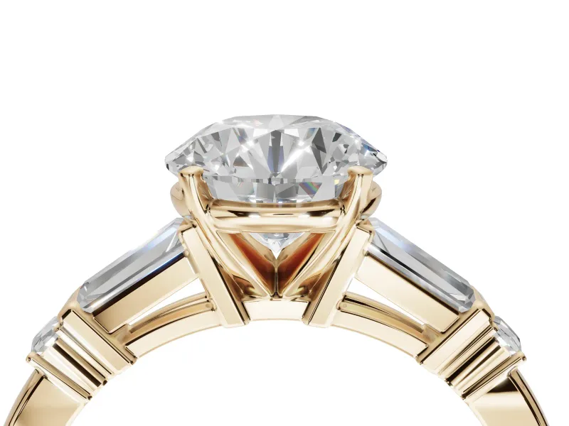 Round Tapered Baguette Engagement Ring Setting | Bar Set Sides | Yellow Gold
