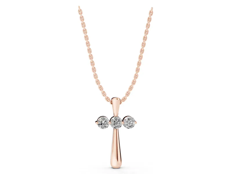 Round Lab-Grown Diamond Three-Stone Cross Pendant Necklace | Stone Crossbar | Rose Gold