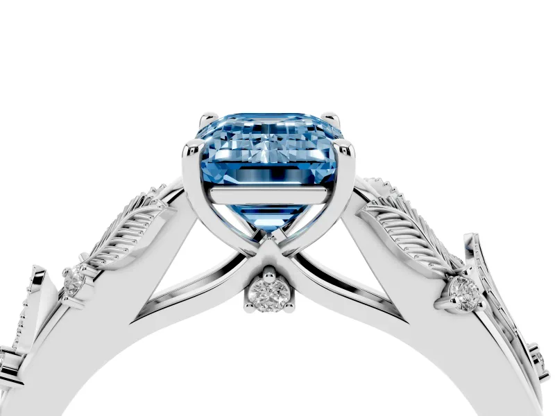 Emerald Cut Leaf Solitaire Engagement Ring Setting for a Fancy Blue Lab-Grown Diamond | Sterling Silver