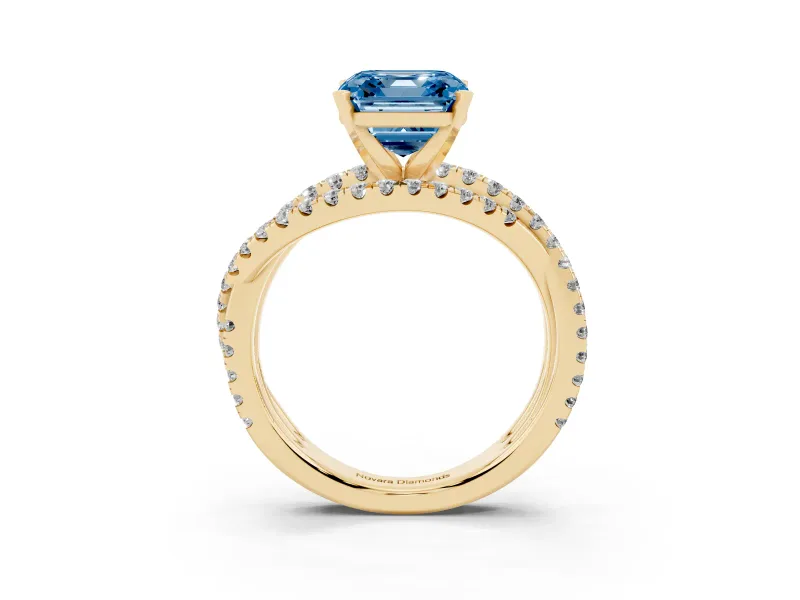 Fancy Blue Asscher Cut Diamond Solitaire Twist Band Ring Set in Yellow gold with Pavé Setting and Prong Head