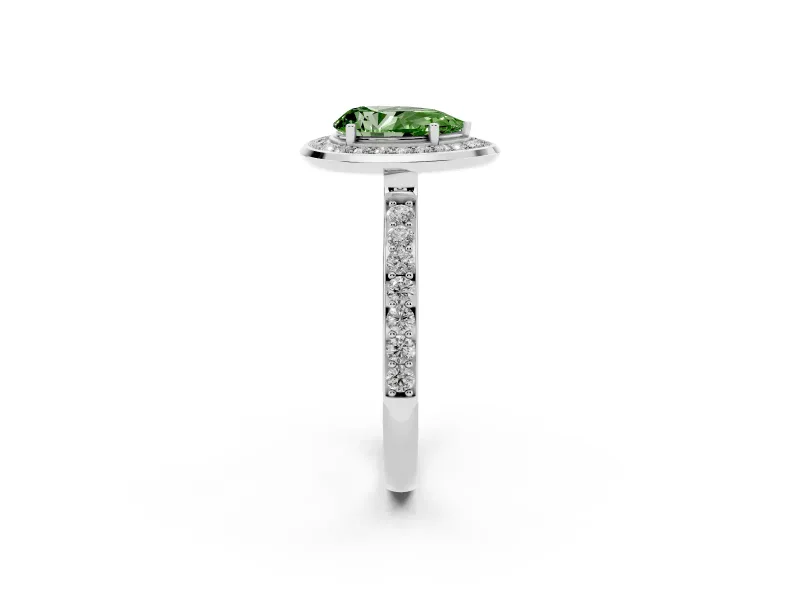 Fancy Green Pear Cut Diamond Halo Ring Set in White gold with Bezel Frame and Pavé Band