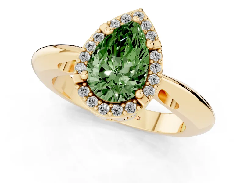 Fancy Green Pear Cut Diamond Halo Engagement Ring Set in Yellow gold with Plain Split Shank and Prong Setting