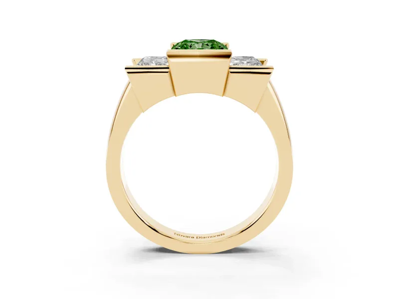 Radiant Cut Channel-Set Three Stone Engagement Ring Setting for a Fancy Green Lab-Grown Diamond | Yellow Gold