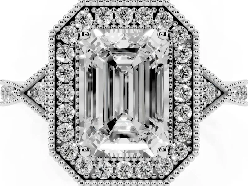 Emerald Cut Diamond Halo Engagement Ring Set in Platinum with Milgrain Pavé Band