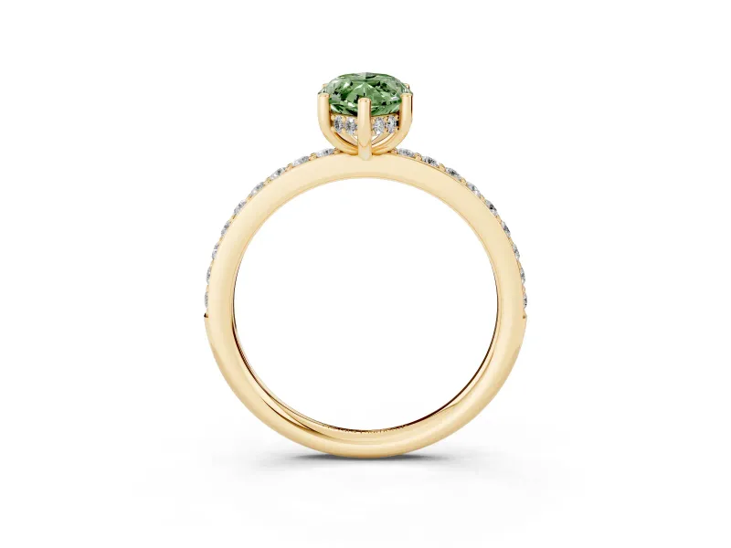 Fancy Green Marquise Cut Diamond Pavé Band Ring Set in Yellow gold with Prong-Set Center Stone