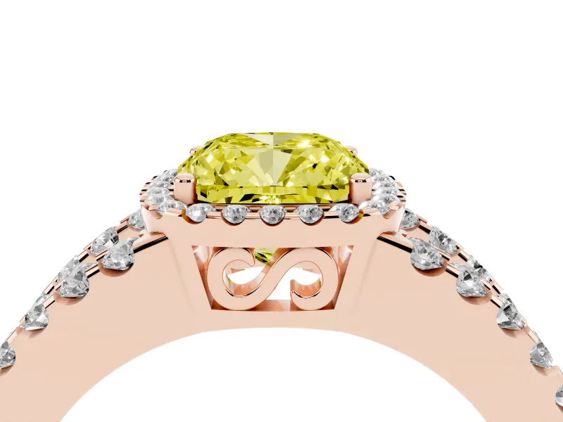Fancy Yellow Cushion Cut Diamond Halo Ring Set in Rose gold with Pavé Split Shank and Prong Setting