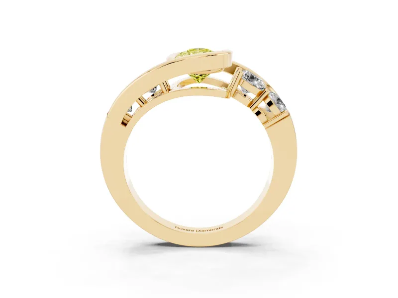 Fancy Yellow Pear Cut Diamond Bezel Bypass Ring Set in Yellow gold with Round Accents
