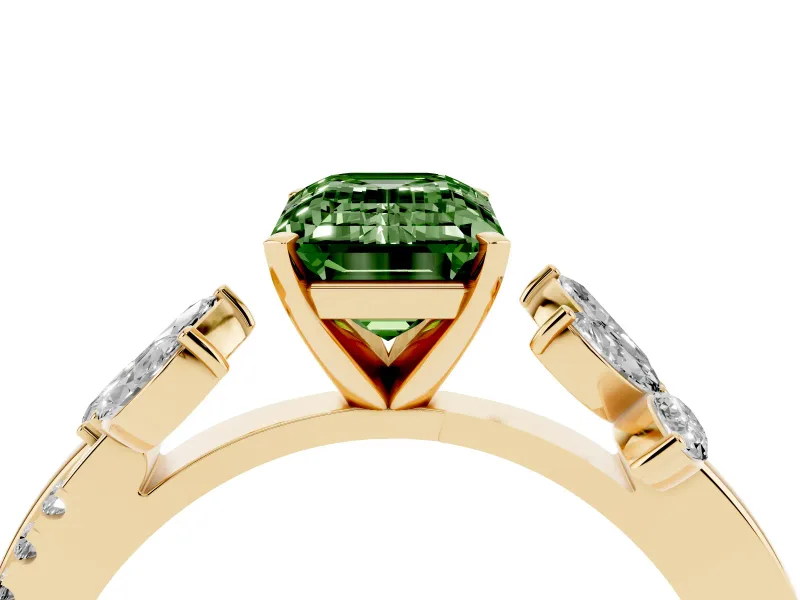 Fancy Green Emerald Cut Diamond Floral Vine Solitaire Engagement Ring Set in Yellow gold with Marquise Leaves