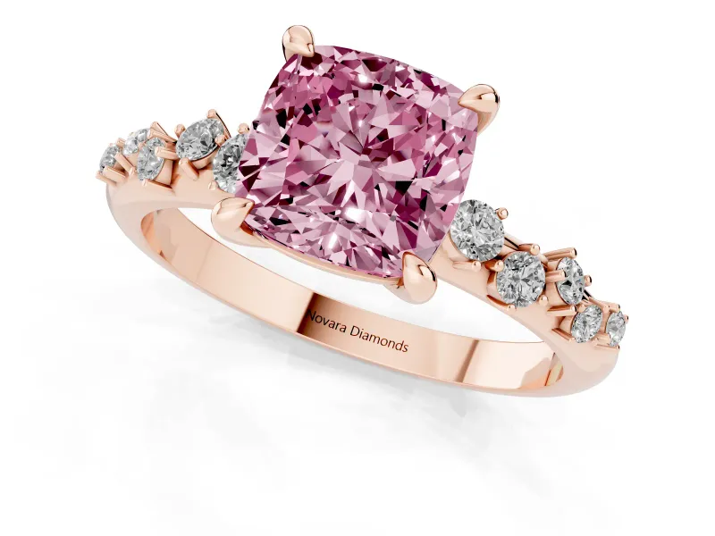 Fancy Pink Cushion Cut Diamond Solitaire Vine Band Ring Set in Rose gold with Round Accents and Prong Setting