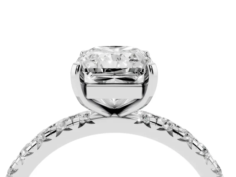 Radiant Cut Diamond Pavé Solitaire Ring Set in Silver with Round Band and Prong Setting