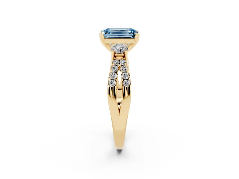 Emerald Cut Three Stone Engagement Ring Setting for a Fancy Blue Lab-Grown Diamond | Yellow Gold