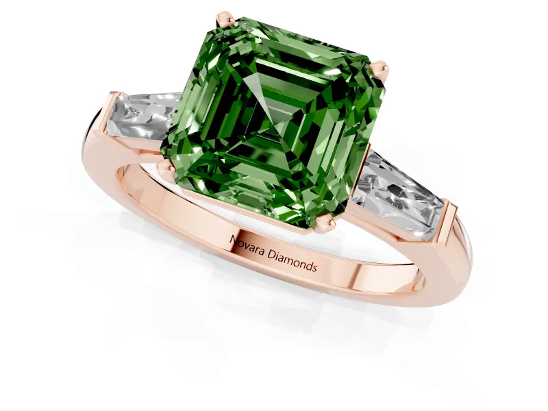 Asscher Cut Three Stone Engagement Ring Setting for a Fancy Green Lab-Grown Diamond | Tapered Baguettes | Rose Gold