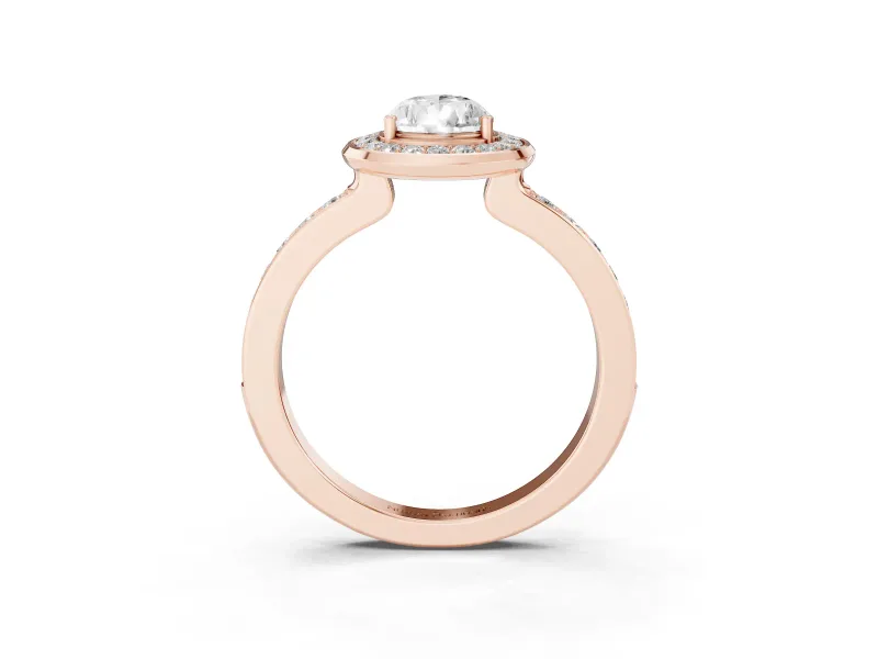 Pear Cut Diamond Halo Ring Set in Rose gold with Bezel Frame and Pavé Band