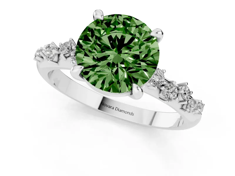 Fancy Green Round Cut Diamond Solitaire Vine Band Ring Set in Silver with Round Accents and Prong Setting