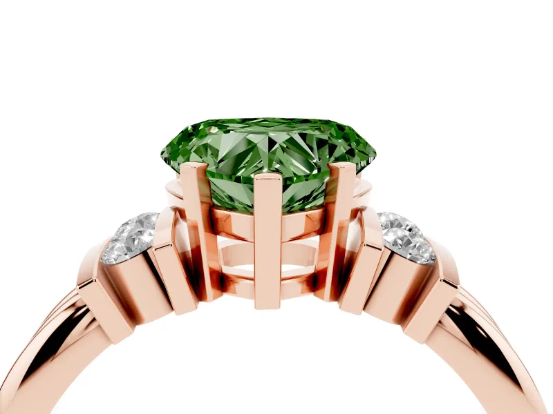 Fancy Green Three-Stone Heart Cut Diamond Channel Set Ring Set in Rose gold with Bar Prongs