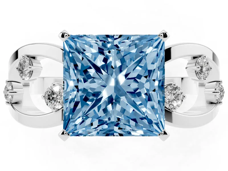 Fancy Blue Princess Cut Diamond Solitaire Ring Set in Silver with Side Stones on Criss-Cross Band and Prong Setting