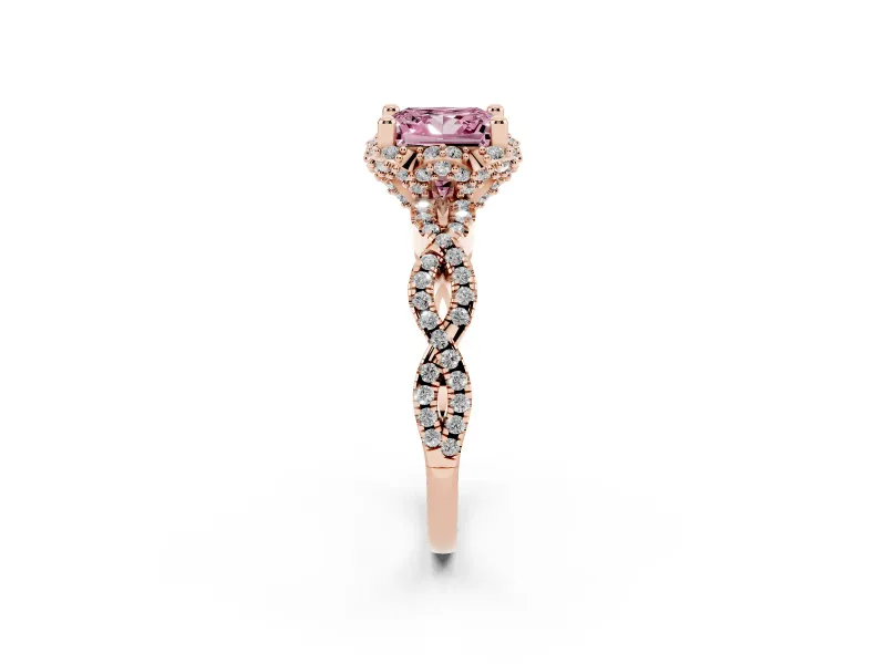 Princess Cut Milgrain Halo Engagement Ring Setting for a Fancy Pink Lab-Grown Diamond | Graduated Shoulders | Rose Gold