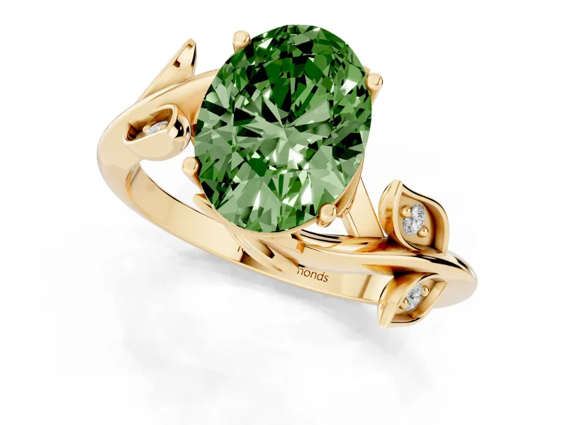 Fancy Green Oval Cut Diamond Solitaire Twist Engagement Ring Set in Yellow gold with Pavé Leaf Accents