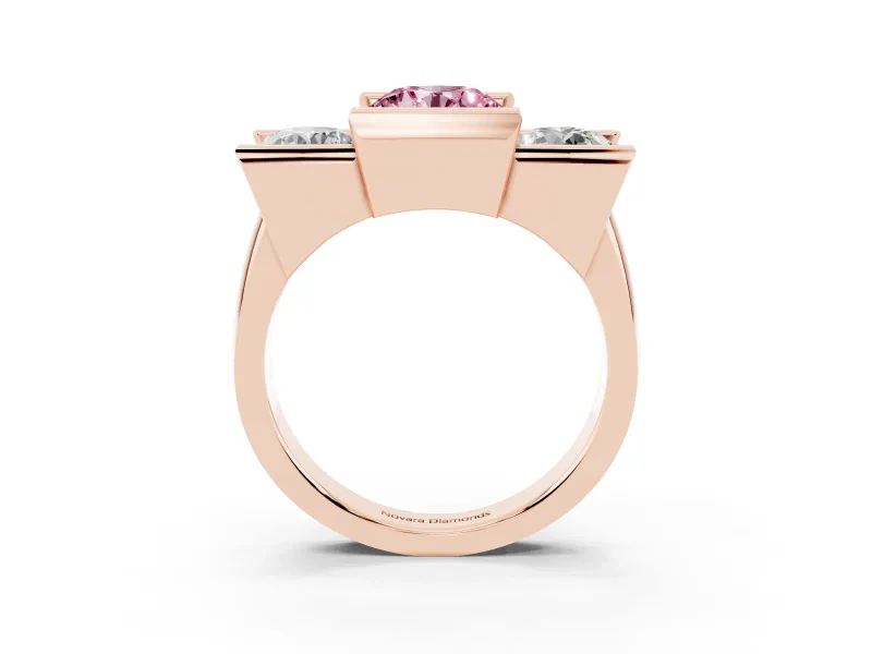 Round Channel-Set Three Stone Engagement Ring Setting for a Fancy Pink Lab-Grown Diamond | Rose Gold