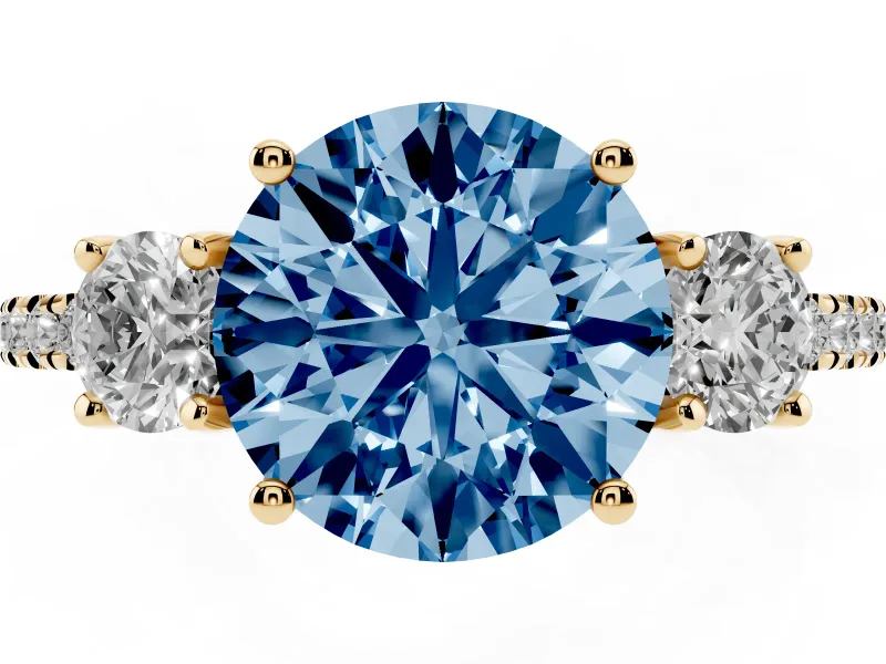 Fancy Blue Round Cut Diamond Three-Stone Ring Set in Yellow gold with Pavé Band and Graduated Sides