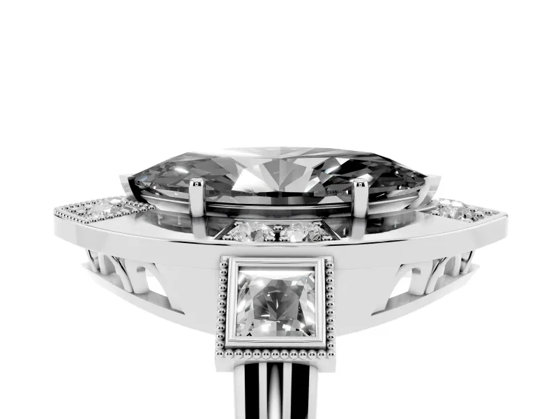 Fancy Black Marquise Cut Diamond Milgrain Halo Ring Set in Platinum with Split Shank