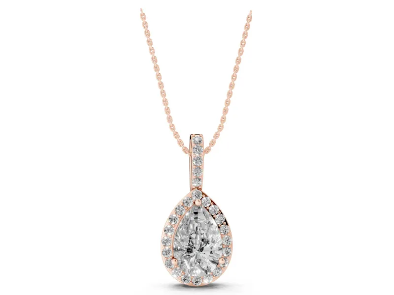 Pear-Shaped Lab-Grown Diamond Halo Pendant Necklace | Wide Pavé Bail | Rose Gold