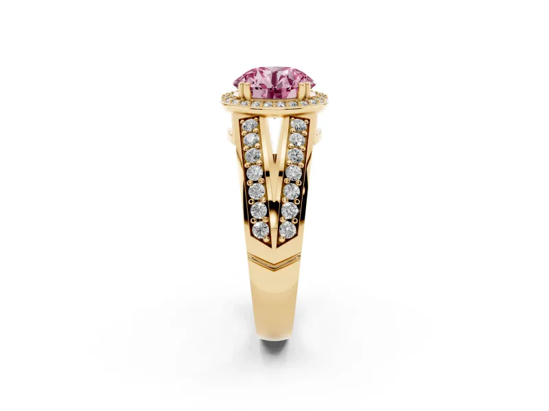 Round Halo Engagement Ring Setting for a Fancy Pink Lab-Grown Diamond | Split Shank | Yellow Gold