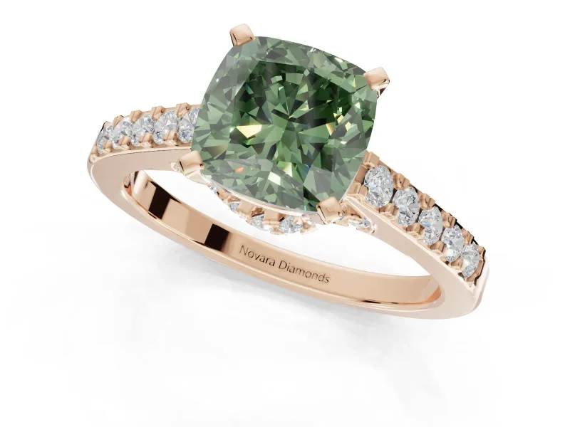Cushion Cut Pavé Solitaire Engagement Ring Setting for a Fancy Green Lab-Grown Diamond | Crossover Gallery | Rose Gold