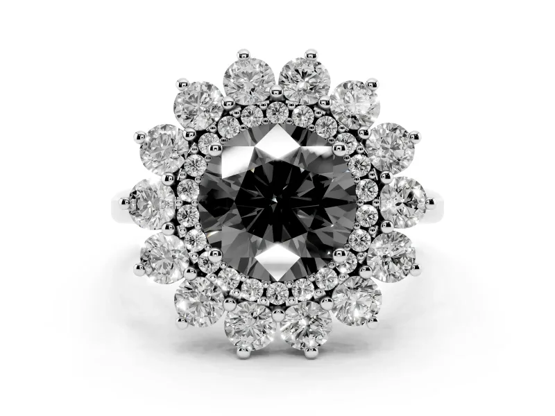 Fancy Black Round Cut Diamond Floral Double Halo Ring Set in Platinum with Round Petals