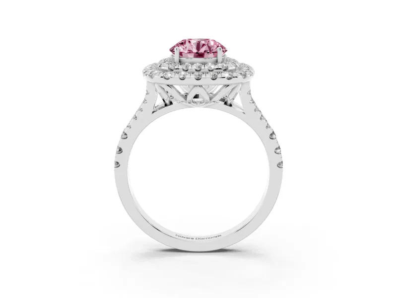 Round Halo Split Shank Engagement Ring Setting for a Fancy Pink Lab-Grown Diamond | Pavé Strands | White Gold