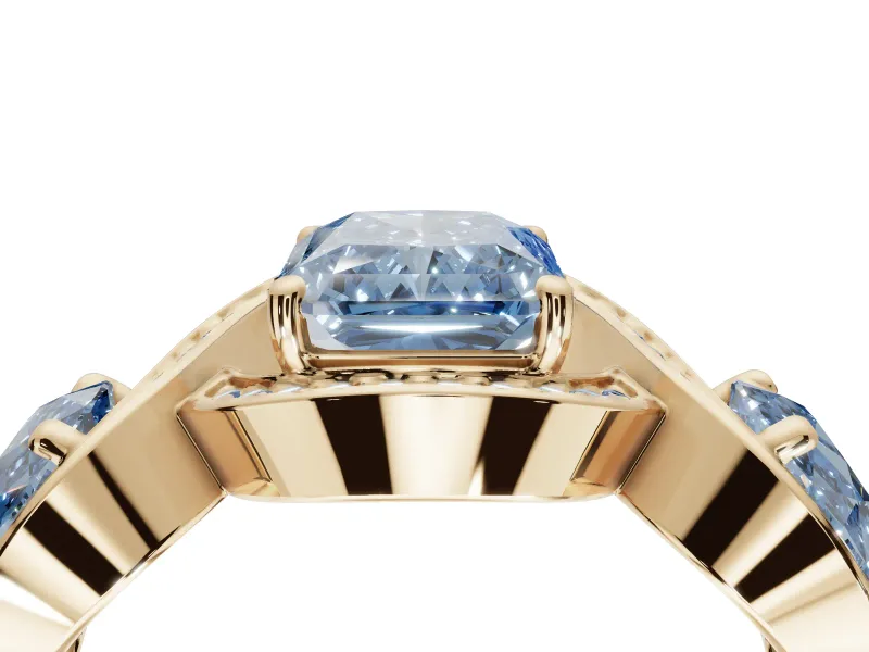 Radiant Cut Three Stone Halo Engagement Ring Setting for a Fancy Blue Lab-Grown Diamond | Pavé Wave Band | Yellow Gold