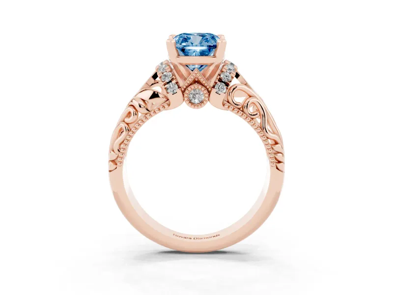 Fancy Blue Cushion Cut Diamond Filigree Halo Engagement Ring Set in Rose gold with Prong Setting