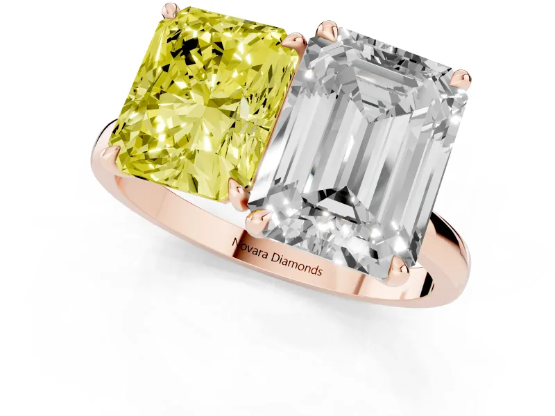 Fancy Yellow Radiant Cut and Emerald Cut Toi Moi Ring Set in Rose gold with Prong Setting