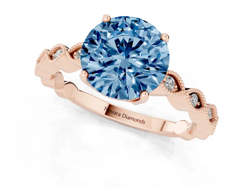 Fancy Blue Round Cut Diamond Solitaire Ring Set in Rose gold with Infinity Twist Pavé Band