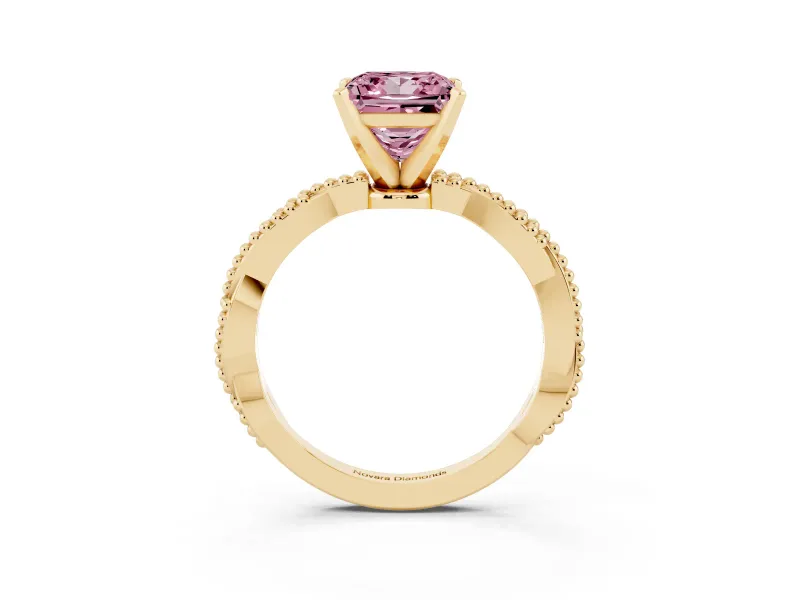Fancy Pink Princess Cut Diamond Solitaire Ring Set in Yellow gold with Twisted Band and Bead Prong Setting