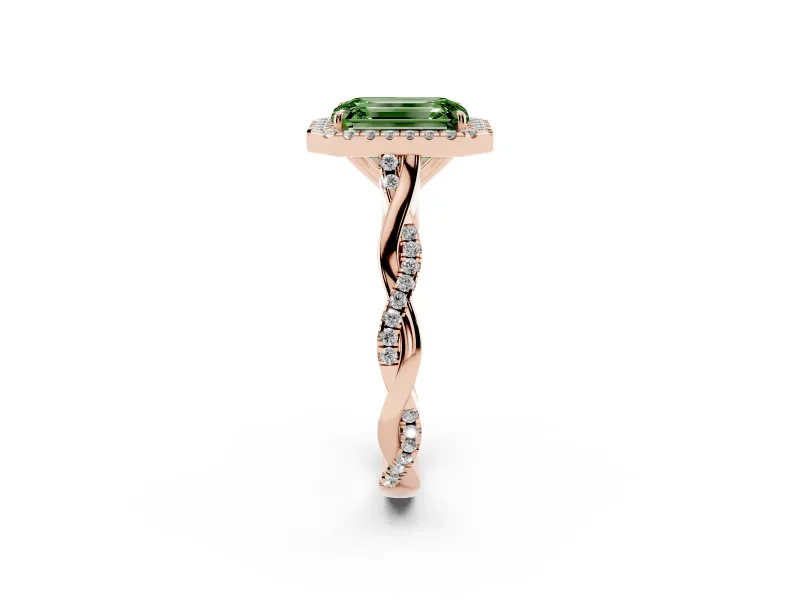 Emerald Cut Twist Halo Engagement Ring Setting for a Fancy Green Lab-Grown Diamond | Rose Gold