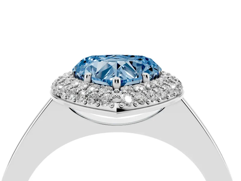 Fancy Blue Heart Cut Diamond Halo Engagement Ring Set in White gold with Solitaire Band and Prong Setting