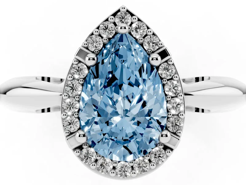 Fancy Blue Pear Cut Diamond Halo Engagement Ring Set in Silver with Plain Split Shank and Prong Setting