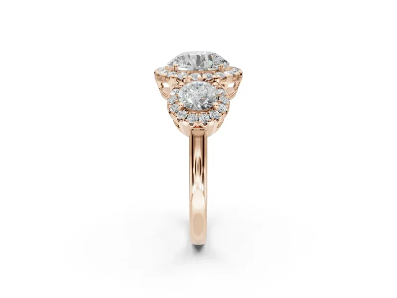 Round Three Stone Halo Engagement Ring Setting | Haloed Side Stones | Rose Gold