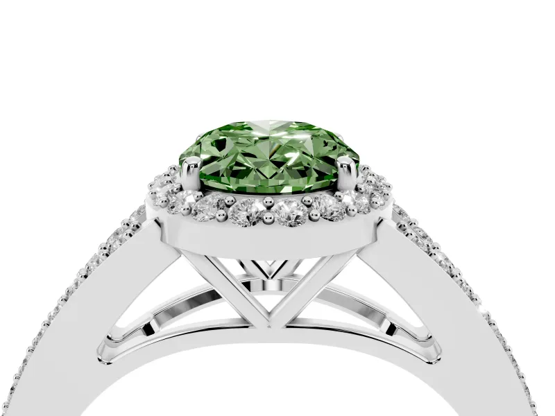 Oval Halo Engagement Ring Setting for a Fancy Green Lab-Grown Diamond | V-Split Pavé Band | Platinum