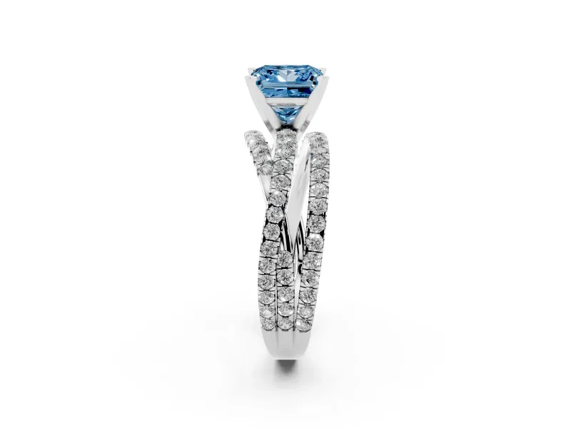 Fancy Blue Princess Cut Diamond Solitaire Twist Band Ring Set in Platinum with Pavé Setting and Prong Head