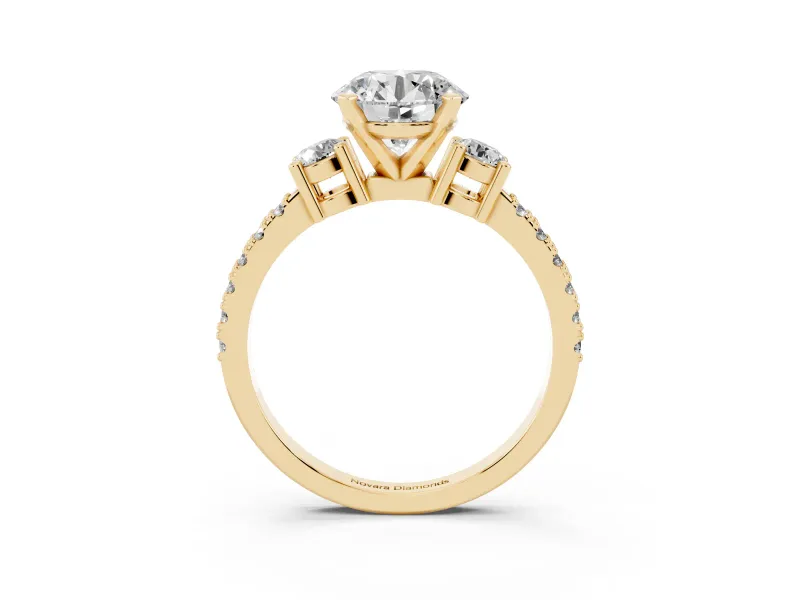 Three-Stone Round Cut Diamond Pavé Band Ring Set in Yellow gold with Prong Setting