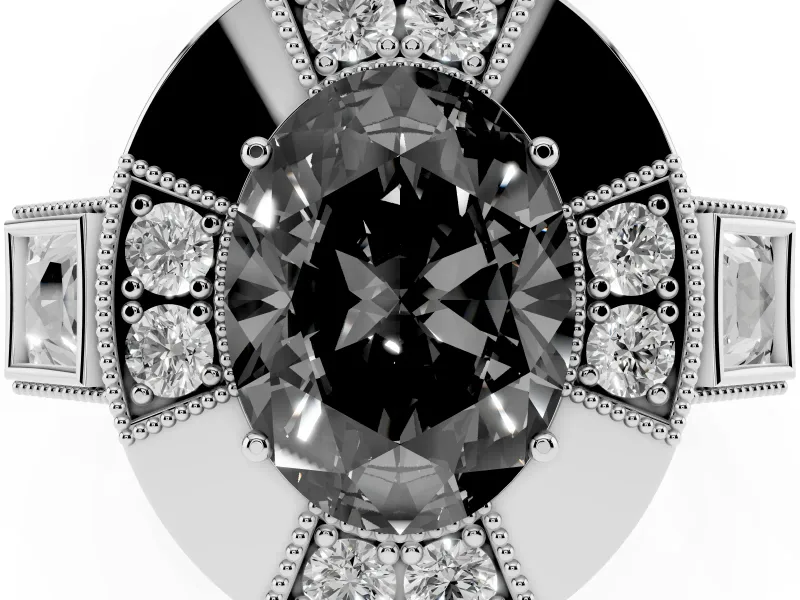 Fancy Black Oval Cut Diamond Milgrain Halo Ring Set in White gold with Split Shank