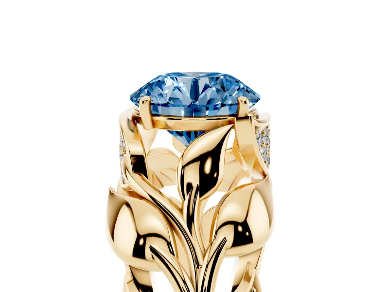 Fancy Blue Round Cut Diamond Leaf-Inspired Engagement Ring Set in Yellow gold with Round Accents