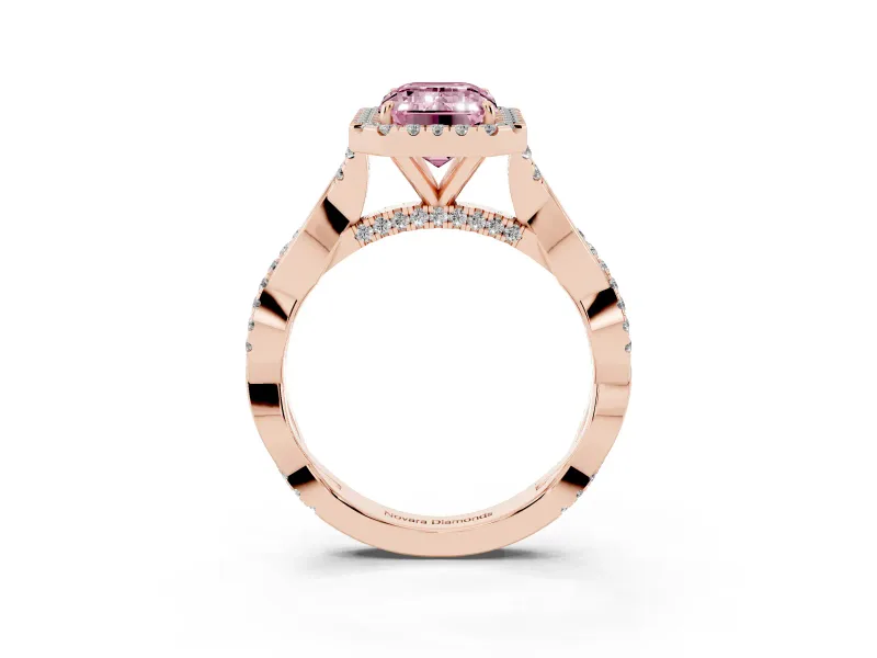 Emerald Cut Twist Halo Engagement Ring Setting for a Fancy Pink Lab-Grown Diamond | Rose Gold