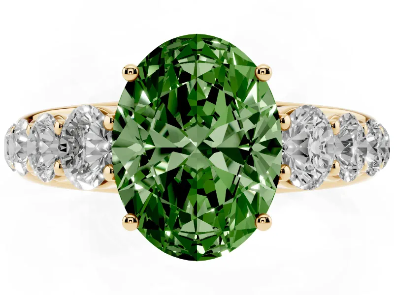 Oval Graduated Side Stone Engagement Ring Setting for a Fancy Green Lab-Grown Diamond | Flat Top Band | Yellow Gold