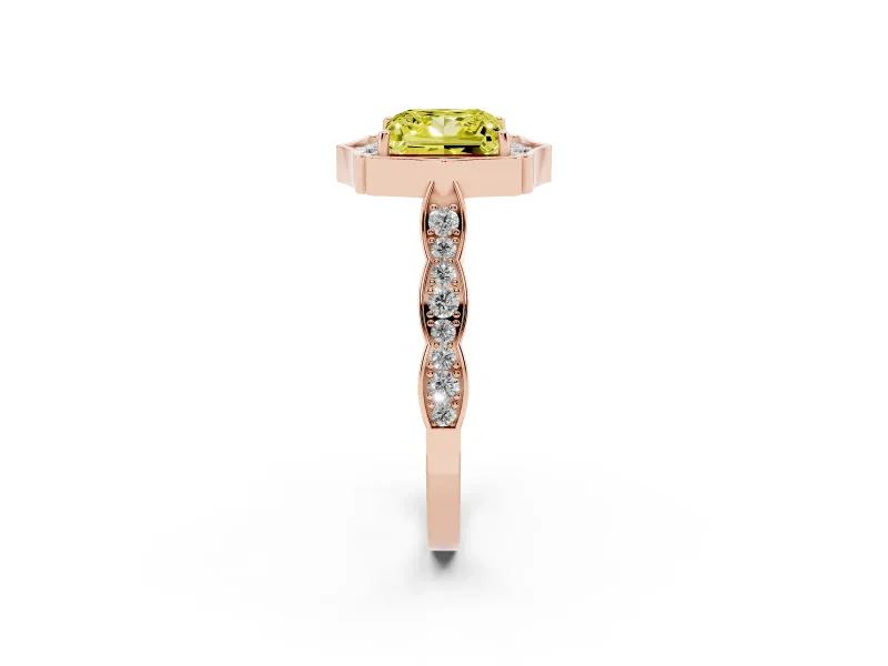 Princess Cut Vintage Scalloped Halo Engagement Ring Setting for a Fancy Yellow Lab-Grown Diamond | Pave Band | Rose Gold