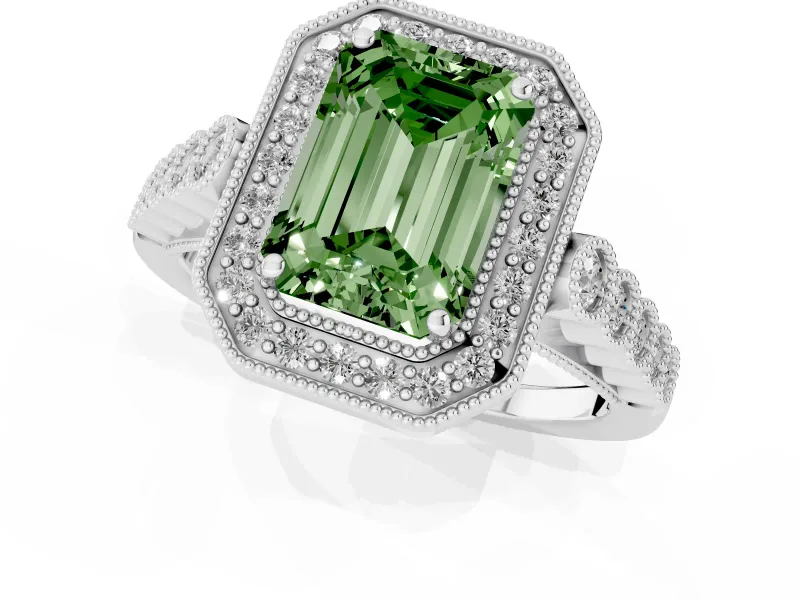 Emerald Cut Graduated Milgrain Halo Engagement Ring Setting for a Fancy Green Lab-Grown Diamond | White Gold