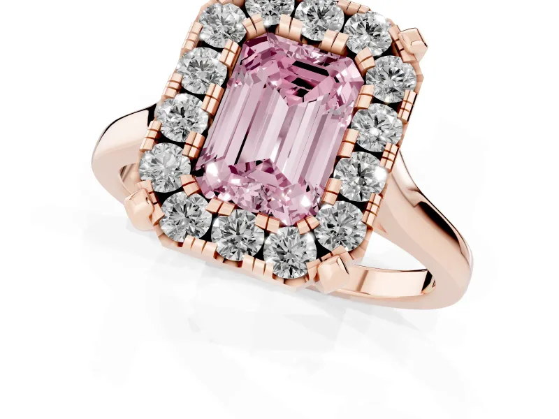 Emerald Cut Claw Corner Halo Engagement Ring Setting for a Fancy Pink Lab-Grown Diamond | Slim Plain Band | Rose Gold